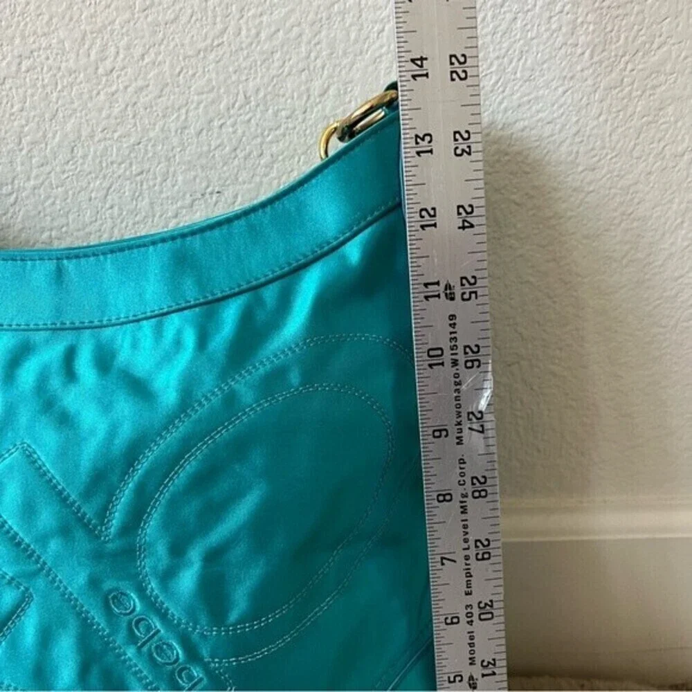 Vintage Bebe Y2K Turquoise Satin Logo Hobo Bag Teal Gold Chain